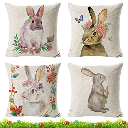 JOKILY 4 Stück Ostern Kissenbezug, Kissenbezug Ostern Hasenselementstile 45 x 45 cm, Osterdeko Leinen Kissenhülle, Frühling Leinen Schlafsofa Kissenhülle Dekoration für Wohnzimmer Sofa Büro Auto Dekor