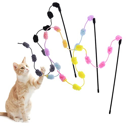 cobee Lot de 3 Cordes interactives pour Chat - Breloque en Ruban coloré avec Boules en Peluche en Fourrure pour Chatons - Jouets pour Chat pour l'intérieur, pour Jouer à l'exercice de Chasse
