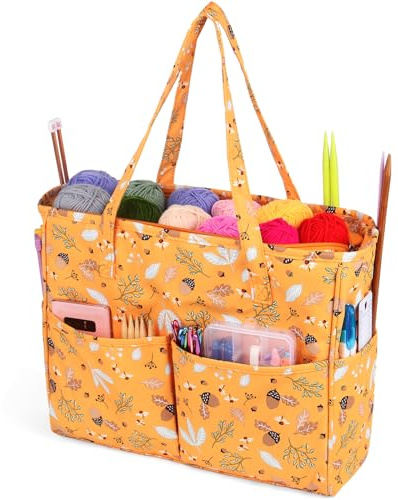 Aeelike Häkeltasche Garn Organizer Tasche für Unterwegs, Tragbare Aufbewahrungstasche für Wolle, Häkelnadel, Zubehör, Stricknadeln Aufbewahrung, 35,5 x 30 x 12,5cm Handarbeitstasche für Stricken, Gelb
