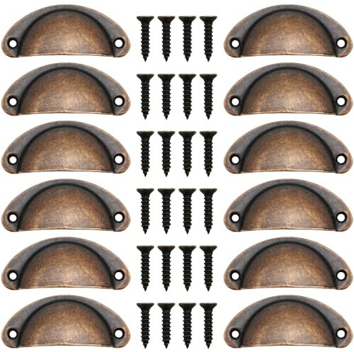 CTRICALVER Poignee Coquille, 12 Pièces Poignées de Coquille Vintage, Poignée de tiroir, Poignee de placard, Poignée Meuble Vintage Semi-circulaires avec Vis de 24 Pièces, rouge couleur cuivre