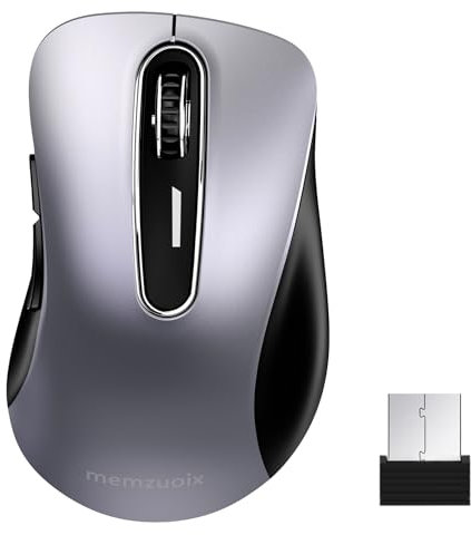 memzuoix Mouse Wireless 2.4GHz, Mouse Ottico Portatile 1400 DPI con Mini Ricevitore USB, 5 Tasti e Funzionamento a Batterie per Laptop, Desktop, MacBook - Argento