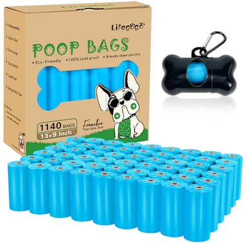 Hundbajspåse, läckagesäkra, oparfymerade hundbajspåsar, extra tjocka starka hundavfallspåsar med fördelare, 57 rullar med totalt 1 140 st., blåa (33 x 23 cm)