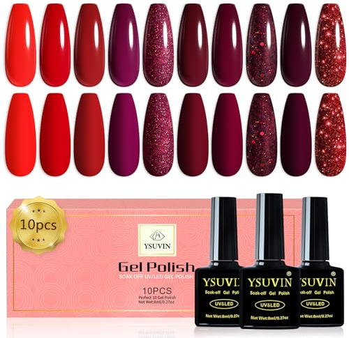 Yueshop Red Gel Nail Polish,10 Colors Burgundy Gel Polish Art Nail Winter | Burgundy Bloody Mary Glitter Dark Red Gel Nail Varnish Soak off UV LED, Long-Lasting, Manicure Studios & Home Use, 8ml
