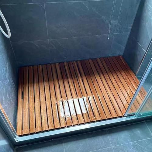 Badematten Quadratische Duschmatte aus Teakholz mit rutschfestem Fuß, große und kleine Duschbodenmatte aus massivem Holz, 22 24 26 30 32 34 36 38 40 Zoll Länge, erhöhte Plattform, schnell trocknend (