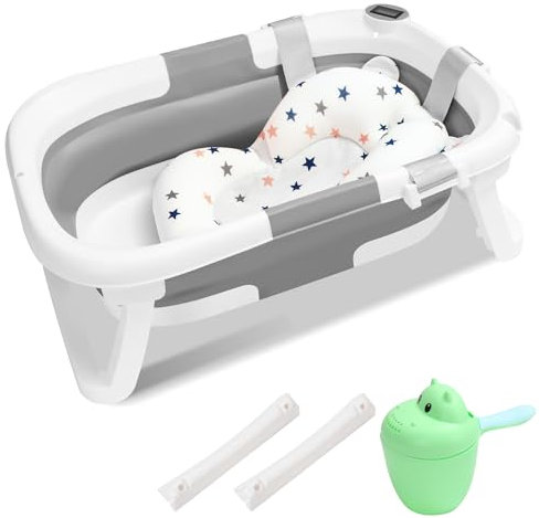 Monucep Faltbare Babybadewanne, Babywanne mit integriertem Thermometer und Haarwaschbecher, tragbare Wanne für Neugeborene bis Kleinkinder mit rutschfester Matte und Abflussloch, Grau