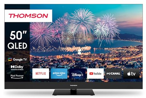 THOMSON 50 Pouces (126 cm) QLED Plus Google Smart TV, Wi-FI, Dolby Audio, HDR10, Bluetooth 5.1, Triple-Tuner (Câble/Satellite/Antenne), HDMI, CI+, Panneau A+ – 50QG6C14
