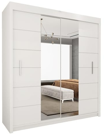 Style Heaven Modern Sliding Door Wardrobe for Bedroom,Matt Finish,2 Mirrored Sliding Doors wardrobes 6 Adjustable Shelves & 2Hanging Rail,made of MDF Chipboard, aluminium Handles Lisbon(150cm White)