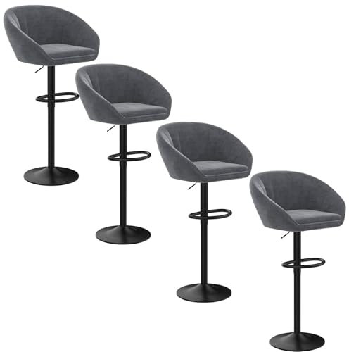Rcynview Barhocker 4er Set Barhocker Höhenverstellbar 80 cm-101 cm, 360° Drehstuhl Barstuhl Bar Hocker mit Lehne Fußstütze Bar Stool, Barstühle Samt, Stahl für die Küche, Esszimmer, Theke, Grau