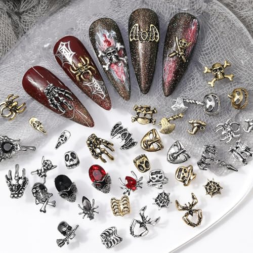 Halloween Nail Charms,75 Stück Totenkopf Spinnen Nagel Edelsteine mit Strasssteine,Retro Skelett Geister Hand Kürbis Spinnennetz Gold Silber legierung Nagelkunst-Schmuck Dekoration für DIY Nageldesign