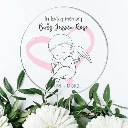 In Loving Memory Baby Angel Acrylic Grave Sign - Personalised Memorial Tribute for Baby - Pink Heart Design - Weather-Resistant Memorial Plaque