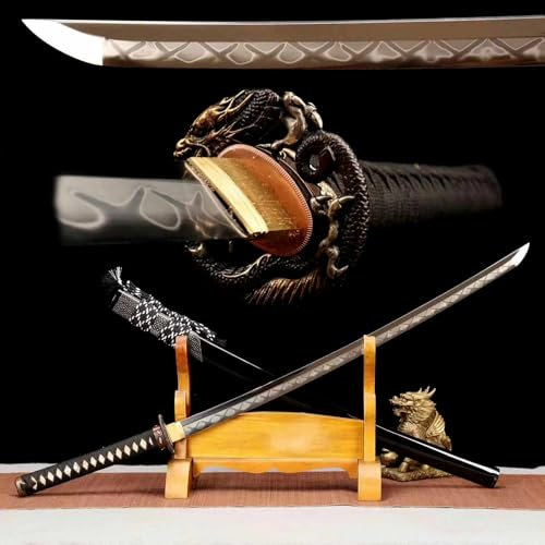 Katana mit Klinge aus T10-Stahl,Handschutz aus reinem Kupfer vergoldet,Scheide aus massivem Holz mit Lack,echtes Samurai Swords zum Sammeln,Schenken,Kendo-Training,Kampfsport,Ausstellen,Wohnkultur