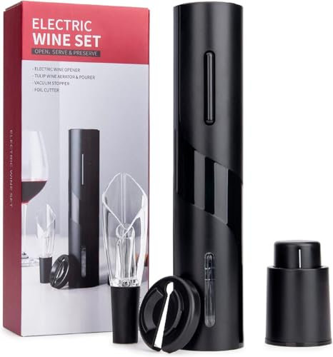 RevolutionLine - Sacacorchos Eléctrico | Set de Abrebotellas Eléctrico, Cortador de Papel, Aireador y Tapón de Vacío | Funciona con 4 pilas AA no incluidas | Ideal para reuniones, bares y regalos