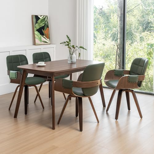 Juego de 4 sillas de comedor MCM – Sillas de comedor giratorias de piel sintética con brazos y respaldo curvado, estructura de madera curvada, artesanía de nogal, versátil para cocina/restaurante/sala