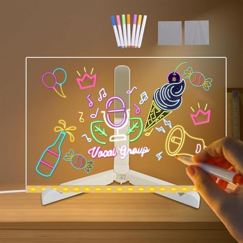 Tablero acrílico luminoso con Mensaje LED, Tablero de Notas Acrílico con 7 colores Bolígrafo - Con Soporte Ajustable, Tablero de Escritura LED Luminoso Transparente, Limpiable, Bloc de Notas