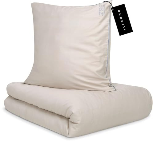 bugatti Bettwäsche 155x220 cm - 100% Baumwolle, Reißverschluss, anschmiegsam, weich & waschbar, Satinbettwäsche beige blau einfarbig
