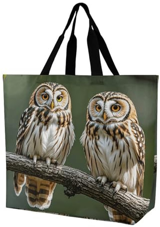 FZQVSGW Einkaufstasche für Damen, viele Cartoon-Katzen-Tragetasche, große Kapazität, Schultertaschen für Lebensmittel und Reisen, Eulen auf Ästen, 40x40x16cm
