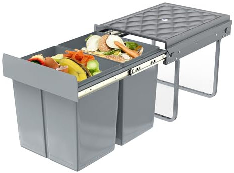 VANCHEMO Pattumiera da incasso, 2 x 15 l, sistema di raccolta differenziata estensibile, bidone della spazzatura da cucina, 2 scomparti, contenitore multiuso, per la cucina, 48 x 34 x 35 cm