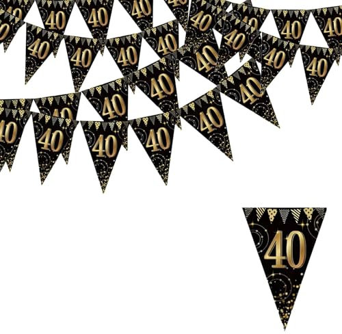 Flomiara 40th Birthday Black Gold Decorations - 36 Pcs Glitter Triangle Bunting Banner, Sparkle Party Supplies for Adults, UK Milestone Celebration