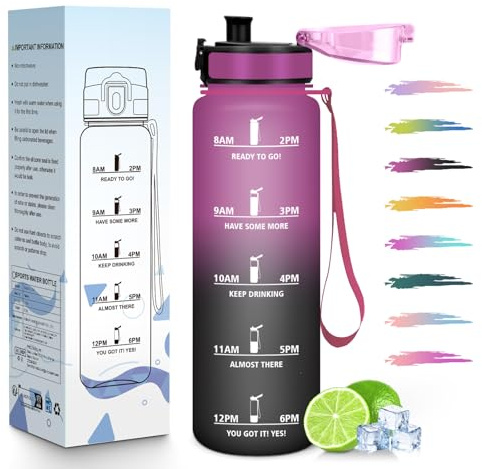 HoneyHolly Trinkflasche 1L, Zeitmarkierung, Wasserflasche, Auslaufsicher, Trinkflasche Sport, Wiederverwendbar, Water Bottle für Fitnessstudio, Radfahren, Büro, Outdoor, Wasserflasche Auslaufsicher