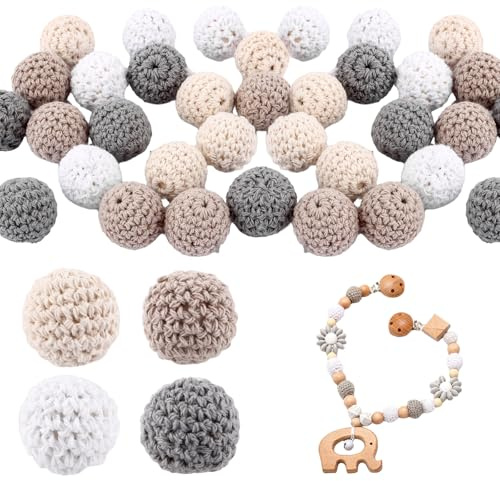 LDXDRU 60pcs Gehäkelt Holzperlen, 20mm Holz Perlen Gehäkelt bunte, Holzperlen mit Loch Runde, mehrfarbige Handgefertigt Holzkugeln für DIY Schmuck Dekorationen Halskette Armband