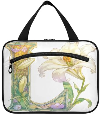 Floralmorphic Trousse de toilette de voyage à suspendre avec crochet - Lettre L - Motif fleur de lys blanc - Étanche - Pour femme - Pour salle de bain - Parfum
