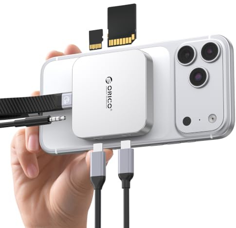 ORICO Magnétique Lecteur Carte SD avec PD 100W Charge,SD/TF 3.0,Transfert de données 104 MB/s,Card Reader Compatible avec iPhone 17/16/15 iPad Pro MacBook (Argent, 6 in 1)
