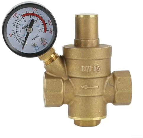 Oniissy Válvula reductora de presión de agua de latón con manómetro ajustable para conexiones DN15 de 1/2 pulgada, para una construcción duradera para sistemas de fontanería y riego