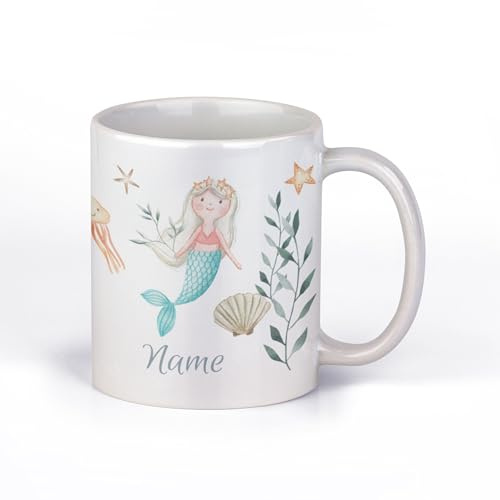 Tasse Mädchen personalisiert mit Namen, Kinder, Aquarell Unterwasserwelt | Becher mit Wunschname, Meerjungfrau und bunten Fischen – für Kindergarten, Schule und zu Hause