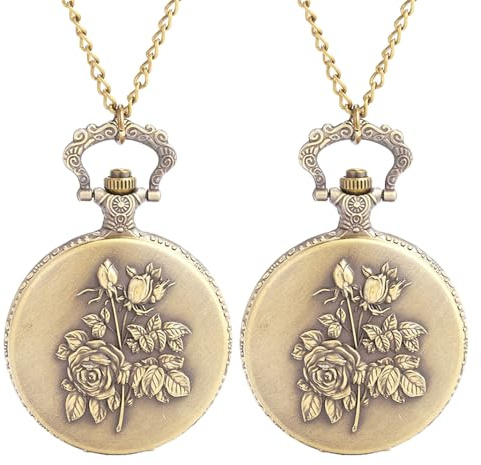 LIGIGWASH Orologio da Tasca Vintage Donna con Ciondolo a Forma di Rosa in Lega di Zinco Oro, Movimento al Quarzo Preciso, Confezione da 2 Pezzi per Feste di Natale