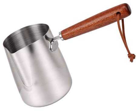 Fdit Pichet à Mousse de Lait, Casserole Compatible Induction en Acier Inoxydable 304 avec Poignée en Bois, Marmite Multi-usages pour Chauffer le Lait, Faire Fondre le Chocolat et (350ML)