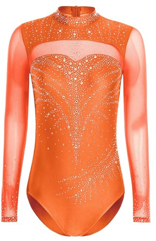 Sinleey Gymnastikanzug Turnanzug Damen Langarm Leotard Gymnastikbody mit Glitzer Tanzbody Ballett Trikotanzug Wettbewerb