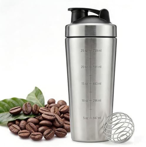 Stainless Steel Protein Shaker Bottle 750ml - Leak Proof Gym Shaker with Mixball, Metal Supplement Mixer, Dual Scale Markings Wide Mouth Fitness Water Bottle for Workout Outdoor Sports & Gifts