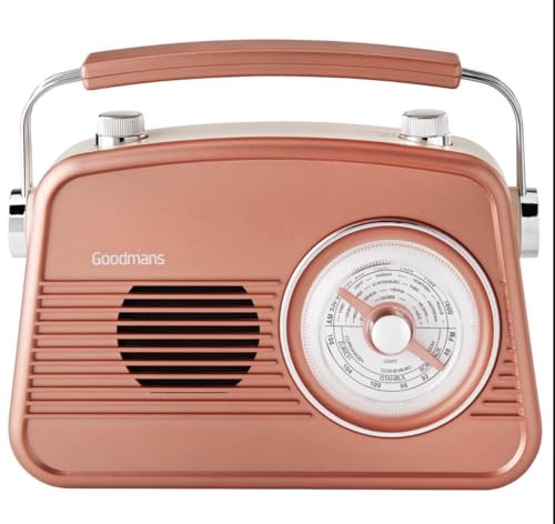 Goodmans Classic AM/FM Retro Radio, Rose Gold, Portable, Built-in Speaker, Headphone Socket, Mains or Battery Operation, 22.8x6.8x18.5cm