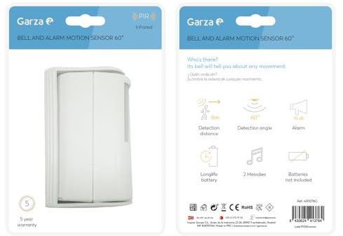 Garza Power - Detector de Movimiento Infrarrojos con Timbre y Alarma 70dB, Ángulo de Detección 60º, color Blanco