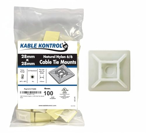 Kable Kontrol Zip Tie Mounts, 1” Sq, Natural White, 100 Pcs, Adhesive Backed Multi-Purpose Mounting Squares Nylon Cable Tie Wrap Anchor Pads for Cable Management