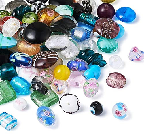 Pandahall Lot de 200 perles en verre soufflé de 4 à 20 x 4 à 20 mm faites à la main pour la plupart des bracelets à breloques, formes et couleurs mélangées