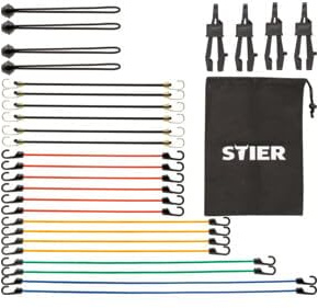 STIER Spanngummi Set, 28 Stück, Stahlhaken mit ABS-Beschichtung, mit Transportbeutel, Gepäckspanner