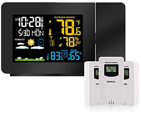 Weather Station with 3 Wireless Sensors, Projection Clock Weather Station Indoor Outdoor, Digital Alarm Clock Snooze Function with Projection Monitor
