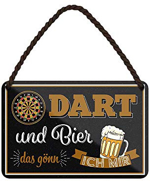Blechschild Dart und Bier das gönn ich mir - Metallschild mit Kordel und Saugnapf - Retro Deko Schild - Dart Spruch Bier Trinker und Dartspieler - Dart Zubehör - Dart Scheibe Deko Partyraum - 18x12cm