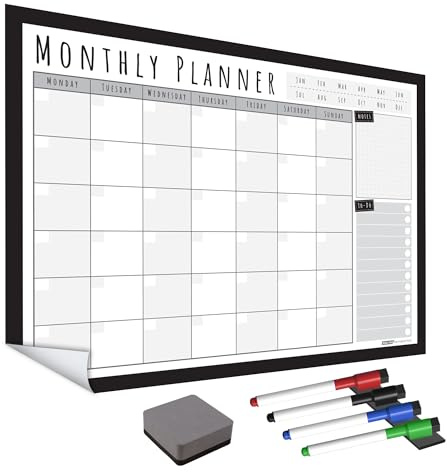 WallTAC A3 månatlig väggplaneringsklistermärke med whiteboardpennor | Tillverkad i Storbritannien | Lätt att ta bort kalender med återanvändbart lim | Måltidsplanerare eller att göra-lista för hem och