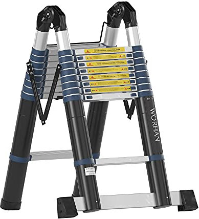WORHAN 5.6m Scala Alu Doppia Telescopica con 2 Stabilizzatori Telescopici Estensibile Pieghevole Multiposizione Multifunzione Multiuso in Alluminio Nuova Generazione K5.6