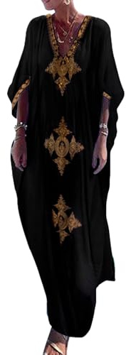 Bsubseach Gold Embroidery Long Kaftan Dresses V Neck Caftan Dress Beach Cover Ups for Women Black