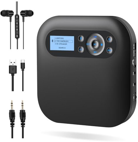 DESOBRY CD Player tragbar, Bluetooth CD Player mit Lautsprechern, wiederaufladbarer Discman für Auto mit FM, Anti-Skip, Zwei Kopfhöreranschlüssen