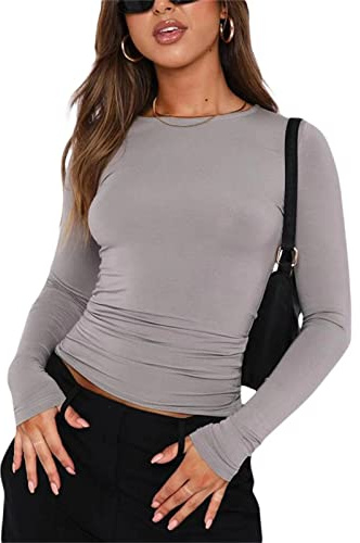 Top de Camiseta Corta de Manga Larga básica de Manga Larga para Mujer Y2K Tops TikTok Crop Top Club Party E-Girls Streetwear(Light Gray-a, M)