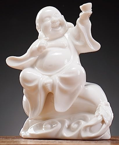 QINLANG Kleine weiße lachende Buddha-Statue aus Keramik für Glück, Happy Buddha Statue sitzend auf Geldtasche für Glück und Wohlstand