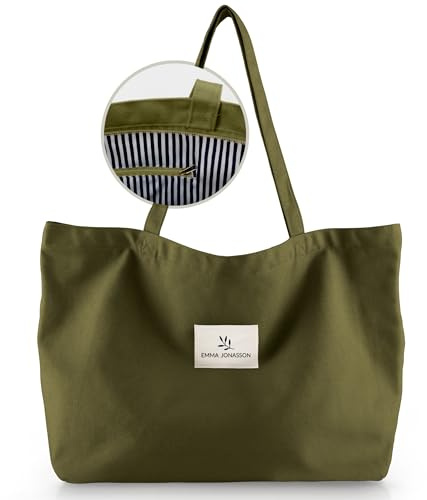 Emma Jonasson Shopper Tasche Damen groß mit Reißverschluss - Jutebeutel mit Innentasche - Esthetic Tote Bag Damen - Taschen Damen groß Stofftasche für Einkauf Arbeit Uni Schule