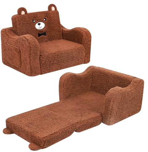 MOMCAYWEX Kids Sofa, 2-in-1 Flip-Out Foam Couch, Soft Play Lounge Chair for Toddlers and Children, Brown
