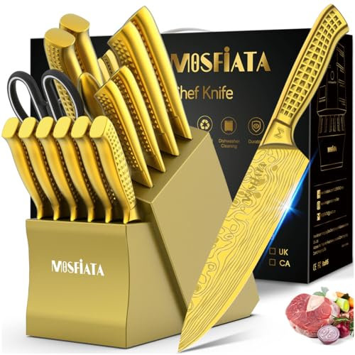 MOSFiATA Bloc de couteaux, lot de 17 couteaux de cuisine professionnels tranchants en acier inoxydable et ciseaux, avec protège-doigts et boîtes cadeaux