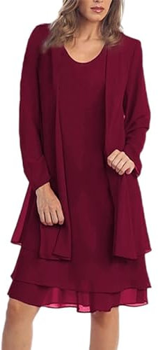 Generisch Damen Tiered Jacket Kleid Chiffon Mutter der Braut Kleider Langarm Knielang Zweiteilig Freizeit und Komfort (Rotwein,3XL)