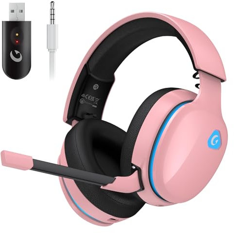 Gtheos 2.4GHz Wireless Gaming Headset for PS5, PS4 Fortnite & Call of Duty/FPS Gamers, PC, Nintendo Switch, Bluetooth 5.3 Gaming Headphones with Microphone for Mobile, Stereo Sound (Blush Pink)
